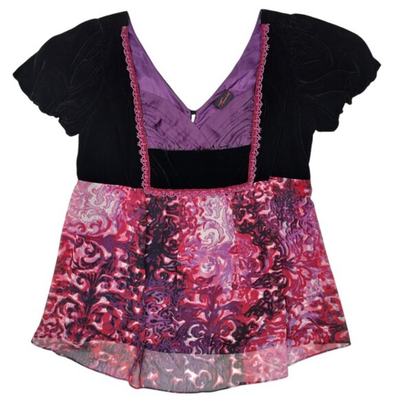 Torrid Size 0 12-14 Black Multi Vintage Bohemian Style Short Puff Sleeve Top - Picture 1 of 8